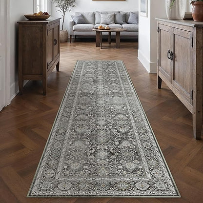 Black Runner Rug 2'6"x8' Vintage Area Carpet Hallway Long Indoor Kitchen Washable Living Room Low Pile Traditional Distressed Retro Accent Rug Non Slip Laundry Bathroom Office Dining Room