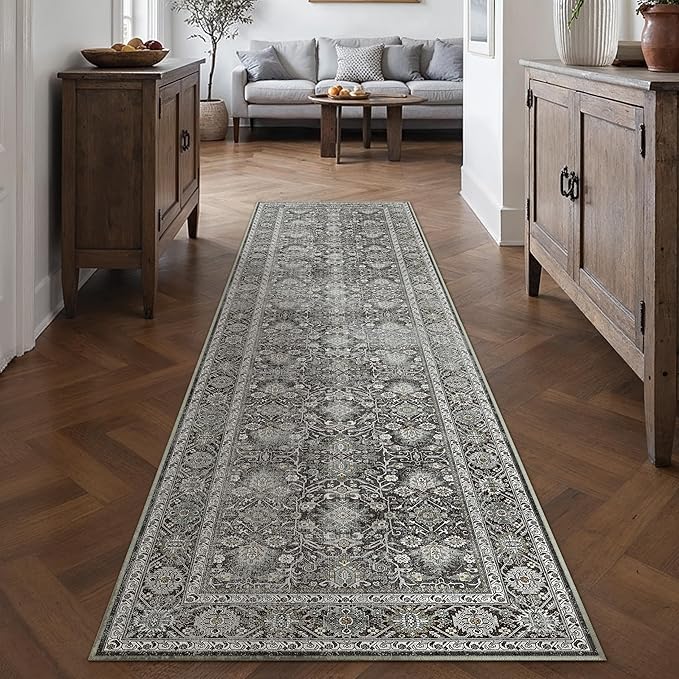Black Runner Rug 2'6"x10' Vintage Area Carpet Hallway Long Indoor Kitchen Washable Living Room Low Pile Traditional Distressed Retro Accent Rug Non Slip Laundry Bathroom Office Dining Room
