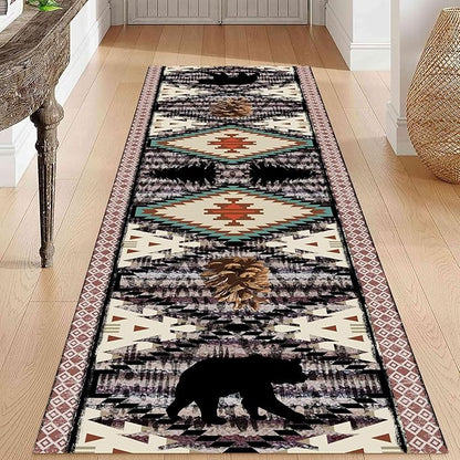 Wild Animal Carpet, 3.3x10ft, Southwestern Vintage Hallway Animal Rug with Bears, Pine Cones, Breathable, Suitable for Kitchen & Dining Rooms