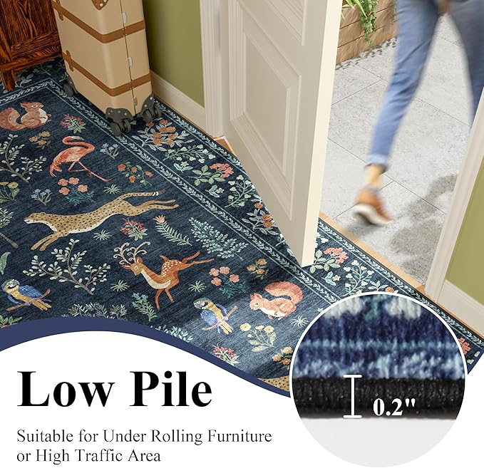 DUKINO 2x4 Rug for Hallway, Washable Kitchen Runner Rug with Non Slip Backing, Soft Low Pile Vintage Animal Runner for Bedroom, Kitchen, Hallway, Entryway, Laundry, Navy Blue