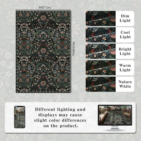 Floral Washable 6x9 Area Rug，Black Boho Rugs for Living Room, Soft Low-Pile Non-Slip Stain Resistant & Non-Shedding Carpet for Bedroom, Dining Room, Office, Entryway, Nursery