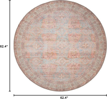 GLN Rugs Traditional Collection - Machine Washable Area Rug, Traditional Washable, Non Slip, Low Pile Chenille Rug, Living Room, Bedroom, Kitchen Rug (5'3" Round Terra/Multicolor 1153)