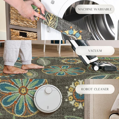 Maples Rugs Reggie Floral Runner Rug - Made in USA - Washable, Non Slip Indoor Carpet for Kitchen, Hallway, and Laundry Room, 2'6" x 6', Dark Grey