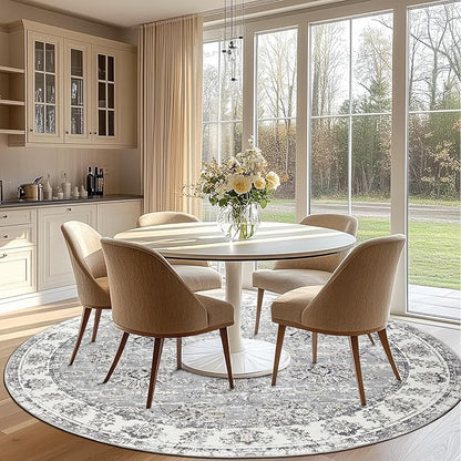 jinchan Fiora Round Rug 8ft Area Rugs - Vintage Floral Distressed Design Machine Washable Non-Slip Low-Pile Ultra-Thin Circle Rug for Living Room Dining Room Bedroom Farmhouse (8' Round, Grey)