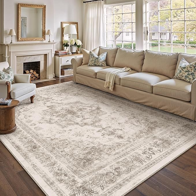 Area Rug 10x12 Beige Washable Living Room Carpet Non Slip Vintage Medallion Indoor Bedroom Carpet Low Pile Soft Retro Distressed Large Rug Home Office Dining Room Playroom