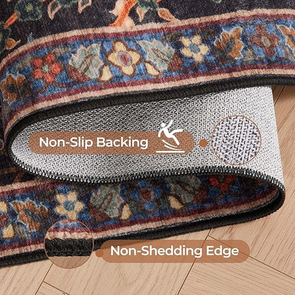 Kokia Boho Vintage Floral Area Rugs, Washable Oriental Botanical Rugs for Living Room, Bedroom, Dining Room, Office, Large Soft Indoor Area Rug, Wild Black，8x10