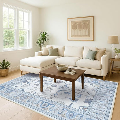 Fame Living Cream Blue Oushak Rug, Modern, Vintage, Turkish, Eclectic, Floral, Pastel, Washable, Oversized, Extra Large Area Rugs for Living Room, Dining, Bedroom, Lounge 9'5"x14'