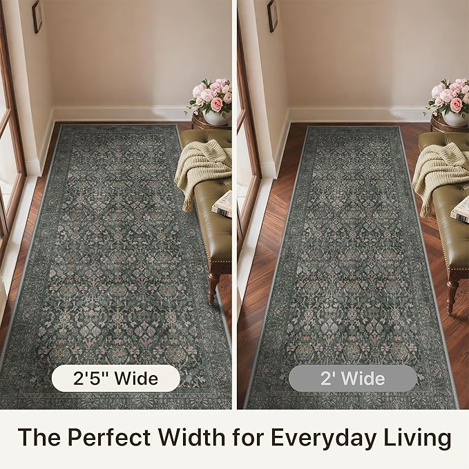 Bavni 2'6''x6 Rug Runners for Hallways, Washable Runner Rug Non Slip, Vintage Floral Print Style Rugs for Bedroom-Lightweight Low Pile Carpet for Hallways Bathroom, Dark Green