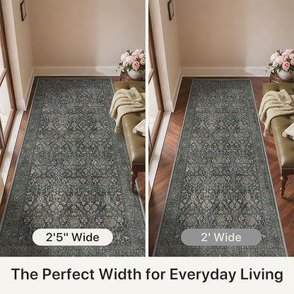 Bavni 2'6''x6 Rug Runners for Hallways, Washable Runner Rug Non Slip, Vintage Floral Print Style Rugs for Bedroom-Lightweight Low Pile Carpet for Hallways Bathroom, Dark Green