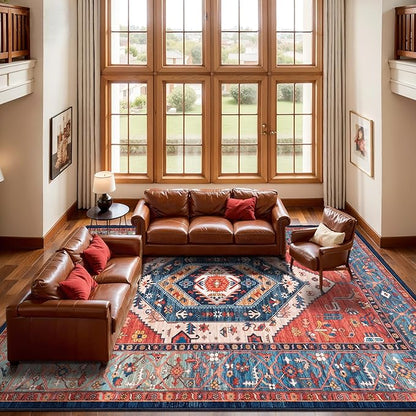 SERISSA 10x12 Area Rugs for Living Room, Large Washable Non-Slip Boho Rug, Ultra Soft Vintage Rust Oriental Tribal Print Distressed Carpet for Dining Room Bedroom Office Home Decor