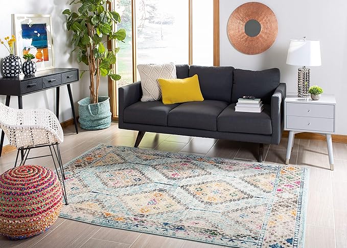 SAFAVIEH Madison Collection Accent Rug - 4' x 6', Blue & Yellow, Boho Diamond Distressed Design, Non-Shedding & Easy Care, Ideal for High Traffic Areas in Entryway, Living Room, Bedroom (MAD418K)