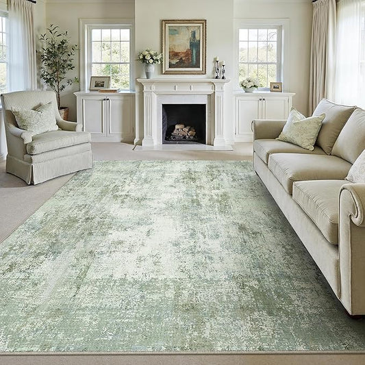 10x12 Washable Area Rug Sage Green Abstract Living Room Bedroom Carpet Neutral Modern Non-Slip Soft Low Pile Lightweight Vacuumable Large Throw Rug for Dining Room