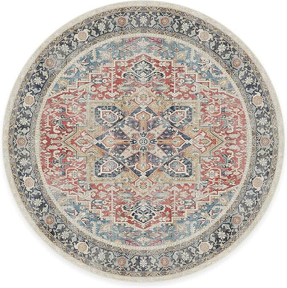 RUGGABLE Washable Vintage Area Rug – Kamran Cayenne Red 6 ft Round, Stain-Resistant, Non-Slip – Medium Machine Washable Rugs for Living Room, Bedroom, Hallway, Entryway & Office–with Cushioned Pad