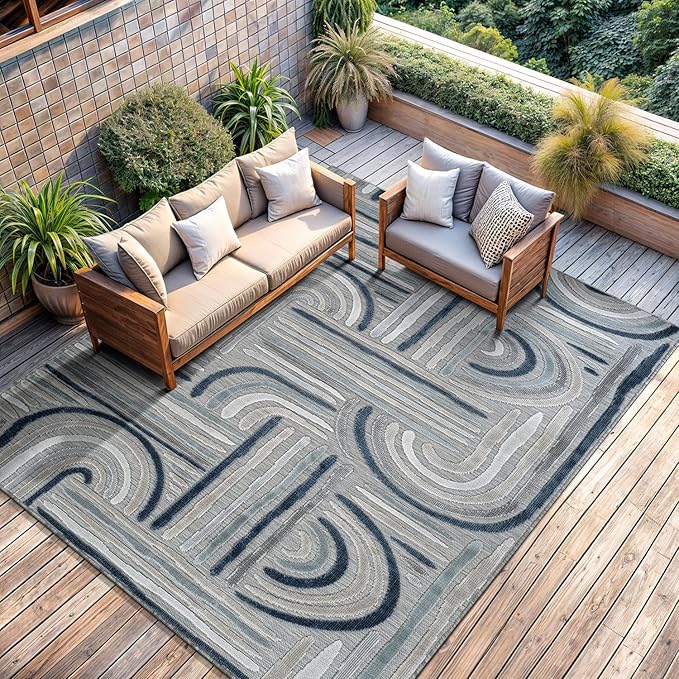 CAMILSON Indoor Outdoor Rug, Blue 10x14 Geometric Arch Striped Large Area Rugs for Patio and Home Areas, Easy-Cleaning Non-Shedding Living Room, Garden and Deck Washable Outside Carpet (10 x 14)