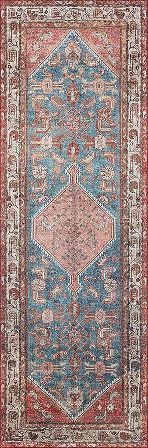 Loloi Layla Collection LAY-10 Marine/Clay 2'-3" x 3'-9" .13" Thick Accent Rug, Soft, Durable, Vintage Inspired, Distressed, Low Pile, Non-Shedding, Easy Clean, Printed, Living Room Rug