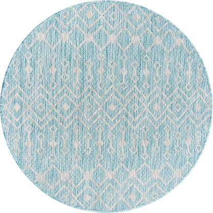 Unique Loom Outdoor Trellis Collection Area Rug - Tribal Trellis (3' 3" Round, Aqua/ Ivory)