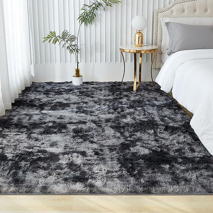 Andency Soft Area Rugs for Living Room Bedroom, 4x6 Non-Slip Fluffy Shag Carpet, Indoor Floor Fuzzy Shaggy Living Room Plush Rug for Kids Dorm Nursery Home Decor Aesthetic, Tie-Dyed Dark Grey