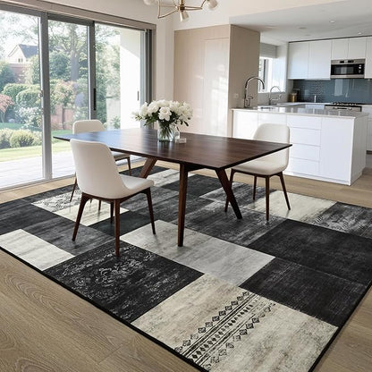 Tepook Modern Area Rug for Living Room, 5x7 Geometric Large Rugs for Bedroom, Washable Patchwork Rug Indoor Non-Slip Throw Carpets for Dining Room Office Farmhouse Home Decor, Black and White