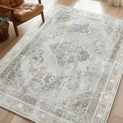 Phantoscope Washable Area Rug 9'x12' Non-Slip, Vintage Neutral Rugs for Living Room, Bedroom, Dining Room, Distressed Boho Medallion Pattern, Low-Pile Foldable Floor Carpet, Silver Grey/Taupe