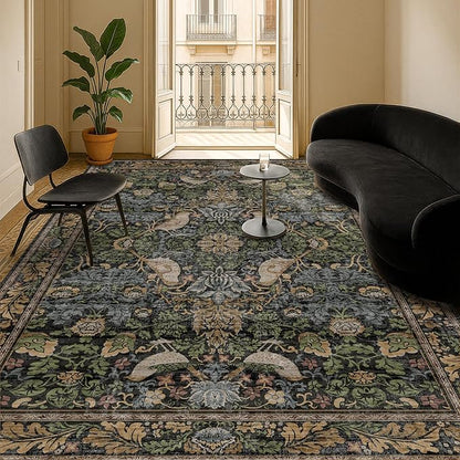 Washable Living Room Rug 7x9 - Dark Floral Nature Rugs for Bedroom, Dining Room Kitchen Table Rug for Under Table, Office, Stain Resistant Non-Slip Large - Brown/Dark Green