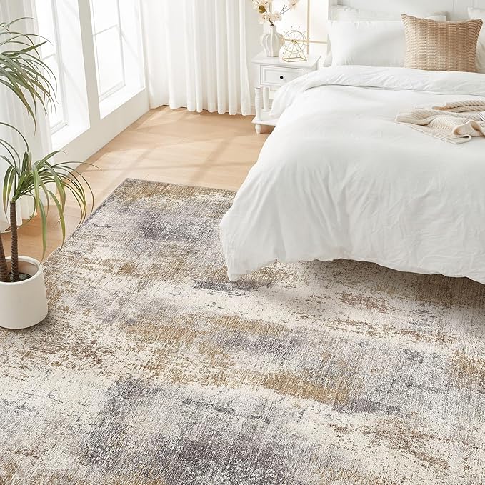 Area Rug Living Room Rugs - 5x7 Washable Soft Indoor Neutral Modern Abstract Low Pile Rug Carpet for Bedroom Dining Room Farmhouse Home Office - Brown Grey