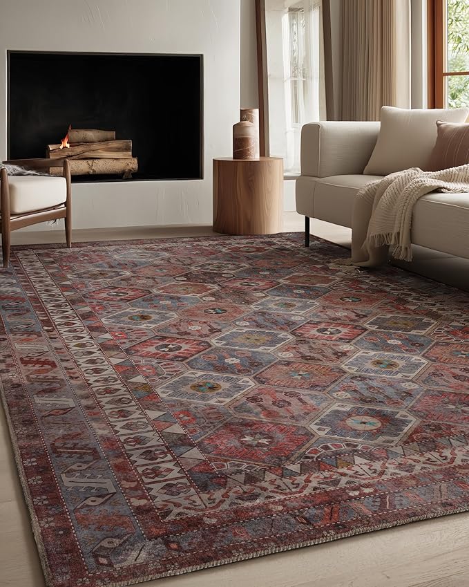 Kuden 8x10 Large Area Rug, Machine Washable Area Rug with Non-Slip Backing, Vintage Style, Soft, Easy Clean, Low Pile Rug for Living Room, Bedroom, Dining Room
