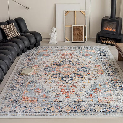 VK VK·LIVING 5x7 Area Rug Washable Rugs for Living Room Rug Vintage Design Boho 5x7 Rug with Non Slip Living Room Rug Bedroom Carpet Stain Resistant, Home Decor, Blue&Orange