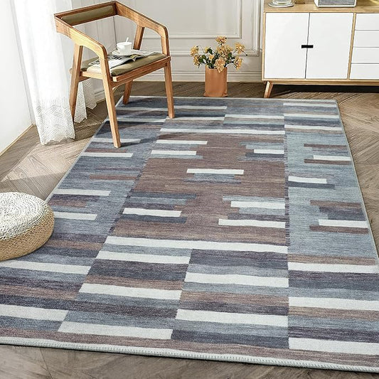 Bloom Rugs Washable Non-Slip 6' x 9' Rug - Blue/Brown Striped Area Rug for Living Room, Bedroom, Dining Room, and Kitchen - Exact Size: 6' x 9'