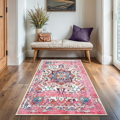 GLN Rugs Traditional Collection - Machine Washable Area Rug, Traditional Washable, Non Slip, Low Pile Chenille Rug, Living Room, Bedroom, Kitchen Rug (2'6" x 7' Pink/Multicolor)