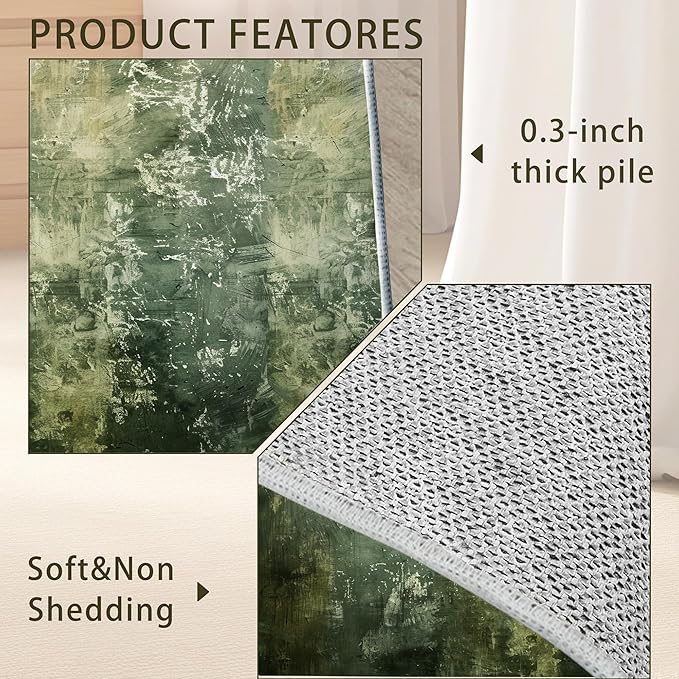 Green Vintage Distressed Carpet for Living Room, 3x5 Non-Slip Washable Low Pile Abstract Design Rug, Space Saving Area Rug for Bedroom, Dining Room