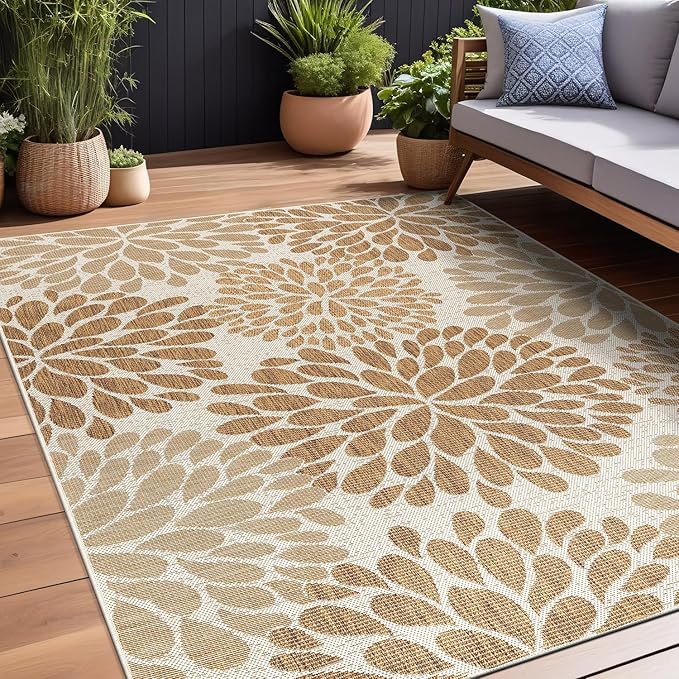 Beverly Rug Outdoor Rug 6x9 Modern Exotic Tropical Leaf Area Rugs for Indoor and Outdoor Patio Deck Porch Garden Water Resistant Washable Outside Carpet (6 x 9 Beige)