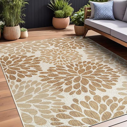 Beverly Rug Outdoor Rug 6x9 Modern Exotic Tropical Leaf Area Rugs for Indoor and Outdoor Patio Deck Porch Garden Water Resistant Washable Outside Carpet (6 x 9 Beige)
