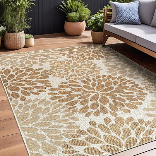 Beverly Rug Outdoor Rug 8x10 Modern Exotic Tropical Leaf Area Rugs for Indoor and Outdoor Patio Deck Porch Garden Water Resistant Washable Outside Carpet (8 x 10 Beige)