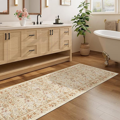 DUKINO 2.6x8 Runner Rug for Hallway, Washable Vintage Floral Kitchen Rug with Non Slip Backing, Soft Low Pile Throw Carpet Runner for Kitchen, Laundry, Hallway, Bathroom, Beige