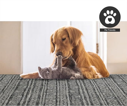 FH Home Flat Woven Outdoor Rug - Waterproof, Easy to Clean, Stain Resistant - Premium Polypropylene Yarn - Striped Boho - Patio, Porch, Deck, Balcony - Amman - Charcoal - 5ft 2in x 7ft 6in