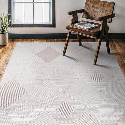CAMILSON Micro Loop Rug 5x7 Modern Luxury Geometric Diamond Trellis Area Rugs Soft High and Low Pile Stain Resistant Easy-Cleaning Non-Shedding for Living Room Office Indoor Carpet (5 x 7 White-Beige)
