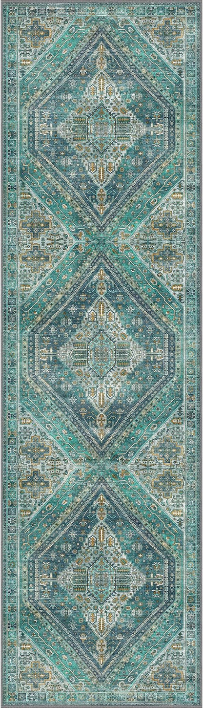 Bavni Kitchen Rug 2x7 Runner Rugs for Hallways Entryway, Washable Vintage Print Carpet, Ultra-Thin Chenille Low Pile Lightweight Rug with Non Slip Backing, Blue/Green