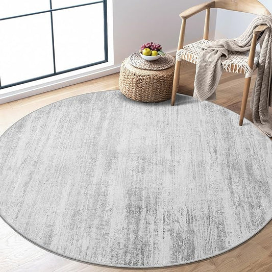 MUJOO Round Rug 4ft,Small Cicle Area Rug Washable,Circular Rugs for Entryway Bedroom Kitchen,Modern Abstract Non Slip Throw Carpet Accent Neutral Grey