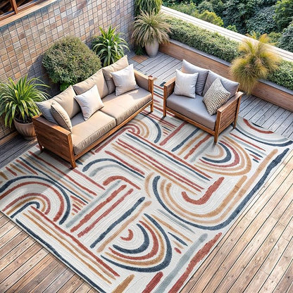 CAMILSON Indoor Outdoor Rug, Multicolor 10x14 Geometric Arch Striped Large Area Rugs for Patio and Home Areas, Easy-Cleaning Non-Shedding Living Room, Garden and Deck Washable Outside Carpet 10 x 14