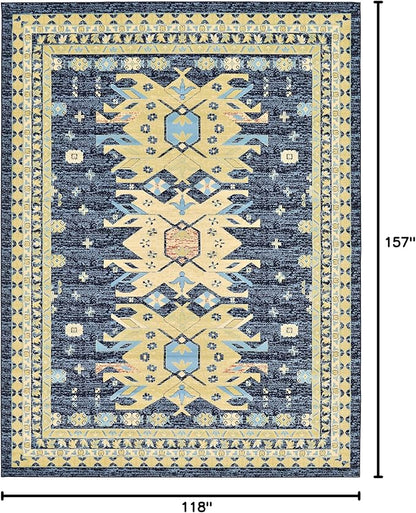 Unique Loom Taftan Collection Border Geometric Tribal Inspired Design Area Rug (9' 10 x 13' 0 Rectangular, Navy Blue/ Gold)