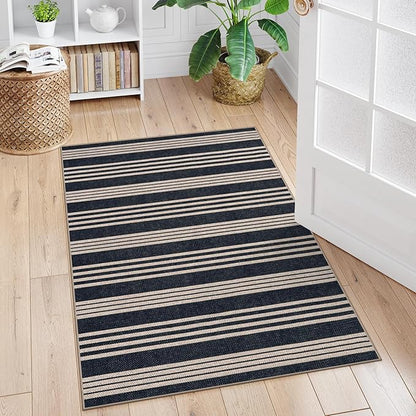 Lahome Striped Easy Jute Washable Rug, 3x5 Outdoor Porch Patio Entryway Rug Indoor Outdoor Carpet for Living Room, Farmhouse Neutral Non Slip Black Carpet for Backyard Bedroom Kitchen
