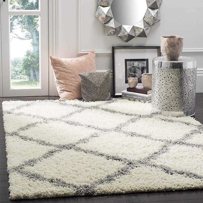 SAFAVIEH Dallas Shag Collection Area Rug - 8' Square, Ivory & Grey, Trellis Design, Non-Shedding & Easy Care, 1.5-inch Thick Ideal for High Traffic Areas in Living Room, Bedroom (SGD257F)