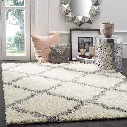 SAFAVIEH Dallas Shag Collection Area Rug - 8' Square, Ivory & Grey, Trellis Design, Non-Shedding & Easy Care, 1.5-inch Thick Ideal for High Traffic Areas in Living Room, Bedroom (SGD257F)