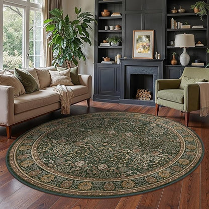 Bavni Round Rug 8ft-Machine Washable Area Rugs Non-Slip for Bedroom, 8x8 Vintage Floral Rug Distressed Throw Carpet for Living Room Nursery Kitchen Bathroom, Dark Green/Multi