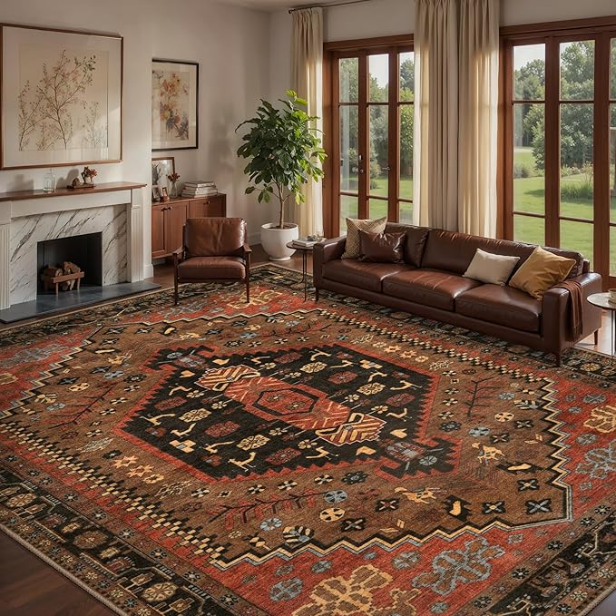 Ciicool 9x12ft Large Area Rug, Washable Thin Soft Rug Vintage Kitchen Carpet for Entrance Bedroom Bedside Living Room Kitchen Laundry Bathroom Decor