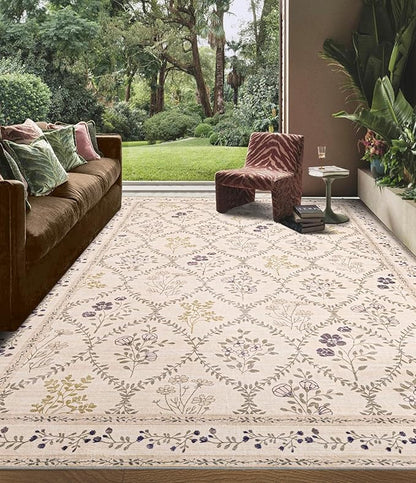 YIHOUSE 6x9 Washable Rug for Bedroom, Beige Floral Rugs for Living Room Non Slip Ultra-Thin Large Boho Rug for Kids Playroom, Classroom, Girls Dorm, Nursery, Beige Multi