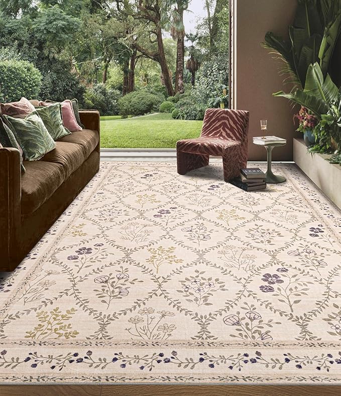 YIHOUSE Beige Floral Print Rugs, Moroccan Trellis 10x14 Washable Large Rug, Modern Pastel Non Slip Ultra-Thin Area Rug for Classroom, Nursery Playroom,Dorm,Bedroom,Living Room, Beige Multi