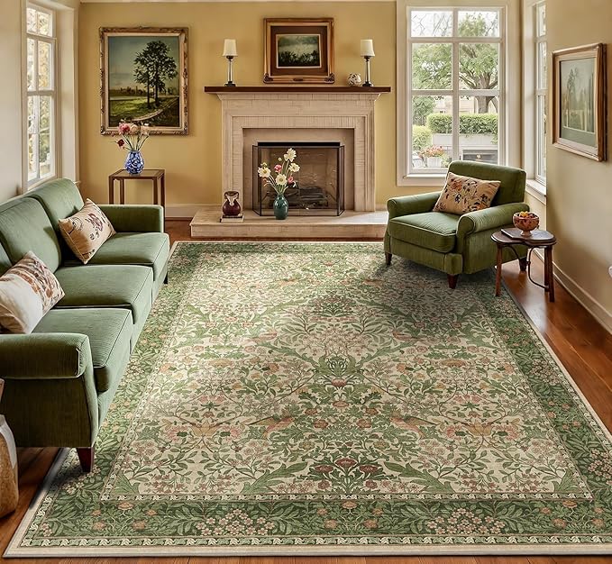 8x10 Floral Washable Area Rug for Living Room, Vintage Boho Large Rugs for Bedroom Dining Room, Botanical Birds Non Slip Low Pile Forest Throw Carpet for Farmhouse Office, Retro Pink/Green