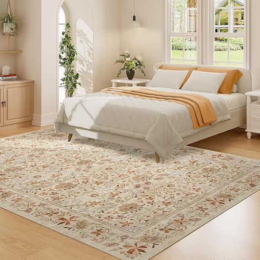 DUKINO 6x9 Rugs for Living Room, Vintage Washable Rug with Non Slip Backing, Floral Low Pile & Non-Shedding Large Area Carpets for Bedroom, Dining Room, Farmhouse, Home Office, Beige