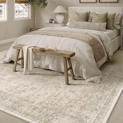 9x12 Washable Area Rug Beige Vintage Distressed Large Rug for Living Room Oriental Soft Thin Indoor Retro Carpet Non Slip Low Pile Floor Cover for Bedroom Dining Room Office Nursery